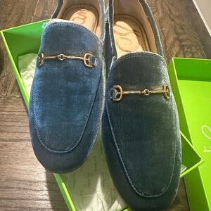 Sam Edelman Blue Velvet Loafers with Gold Detail